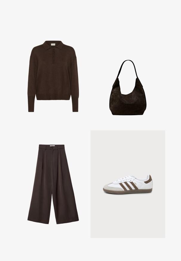 Brun strikket pullover med polo-krave, der har en knaplukning og ribbet manchetter og kant. Blød tekstur og afslappet pasform.; Mørkebrune bukser med vide ben, forreste læg, knaplukning og bæltestropper, vist mod en hvid baggrund.; Hvid og brun Adidas Samba sneaker med tre brune striber, snørebånd og tekstureret sål vist fra siden på en ensfarvet baggrund.; Blød sort ruskind skuldertaske med en enkelt bred strop og en rundet, let slap form.