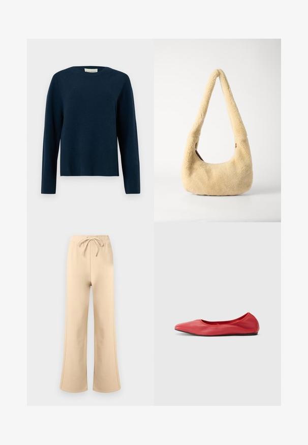 Pull à col rond bleu marine à manches longues, avec ourlet et poignets côtelés, en tissu tricoté doux.; Pantalon de survêtement beige à jambes larges avec taille élastique et cordon de serrage, coutures latérales discrètes et logo de la marque légèrement visible près de la taille.; Filippa K REY FLATS - Ballerines - bright red; Sac à épaule en shearling beige avec une poignée incurvée et une forme arrondie. La texture est douce et pelucheuse, avec des accents matériels minimaux.
