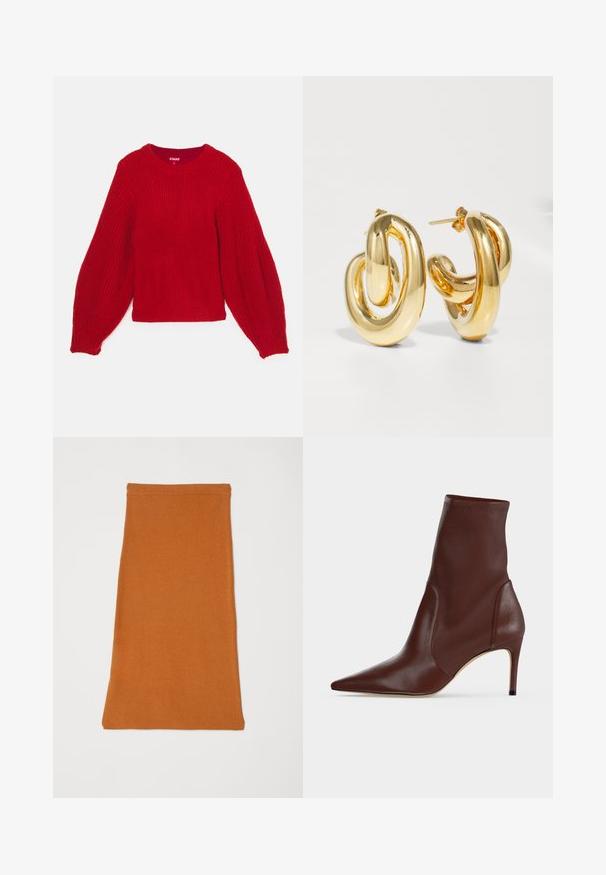 Rød strikket sweater med ribbet tekstur, rund hals og voluminøse ballonærmer. Kort længde med en tætsiddende ribbet kant.; Orange, strækbart stof nederdel med en glat tekstur, der har et simpelt, tætsiddende design og en lige kant. Ingen synligt hardware eller mønstre.; Mørkebrun læderankelstøvle med spids snude og slank høj hæl mod en ensfarvet lys baggrund.; Charlotte Chesnais BO INITIAL BLOW - Øreringe - gold-coloured