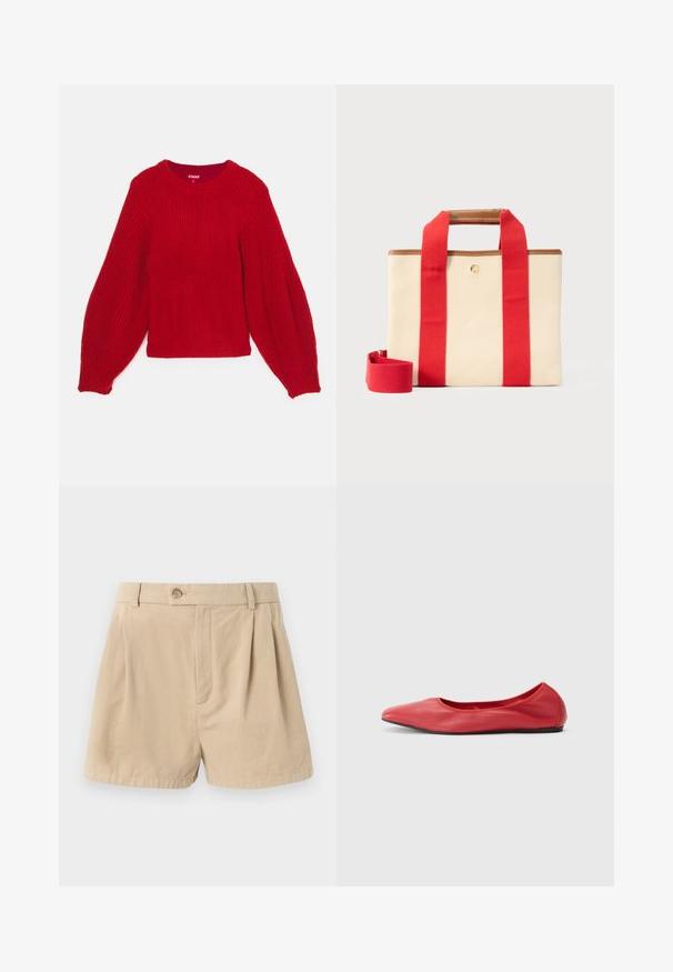 Pull en tricot rouge avec une texture côtelée, encolure ronde et manches bouffantes volumineuses. Longueur courte avec un ourlet en côtes ajusté.; Filippa K HIGH WAIST PLEATED - Short - beige; Filippa K REY FLATS - Ballerines - bright red; Sac fourre-tout rectangulaire en toile beige avec larges bandoulières rouges, garniture en cuir marron, et bandoulière rouge amovible sur un fond clair.