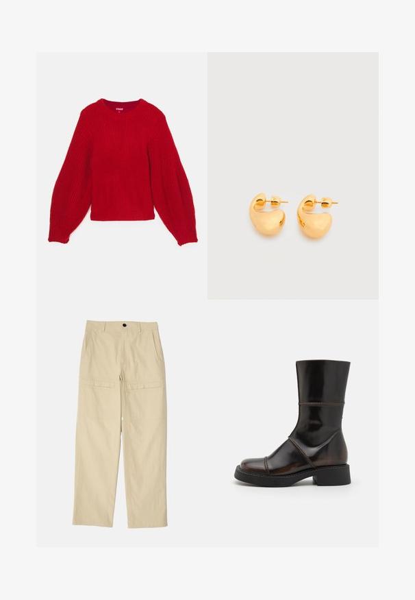 Pull en tricot rouge avec une texture côtelée, encolure ronde et manches bouffantes volumineuses. Longueur courte avec un ourlet en côtes ajusté.; Pantalons larges beiges en coton. Comprend deux poches avant, deux poches arrière et une fermeture à bouton unique à la taille.; MIISTA DAHLIA - Bottes à plateau - brown; Paire de petites boucles d'oreilles clous épaisses en métal doré avec des formes lisses, courbes et abstraites sur un fond clair.