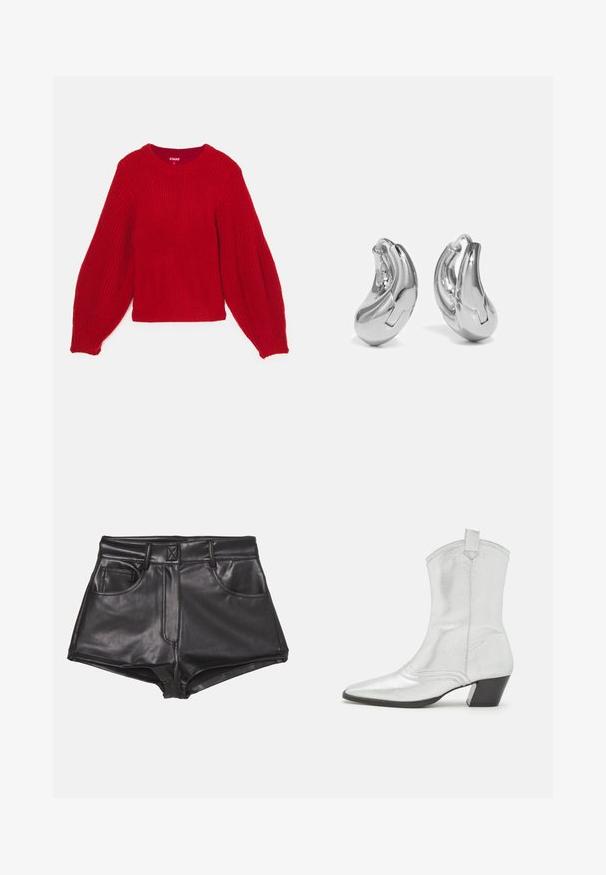 Pull en tricot rouge avec une texture côtelée, encolure ronde et manches bouffantes volumineuses. Longueur courte avec un ourlet en côtes ajusté.; Shorts en simili cuir noirs à taille haute, dotés de deux poches frontales, de coutures apparentes et d'une texture lisse.; Castañer DIMBA - Bottines de cowboy / motard - plata; Boucles d'oreilles en argent en forme de créoles avec une finition incurvée et brillante, et un design sans couture. Équipées d'une fermeture à charnière pour un port sécurisé.