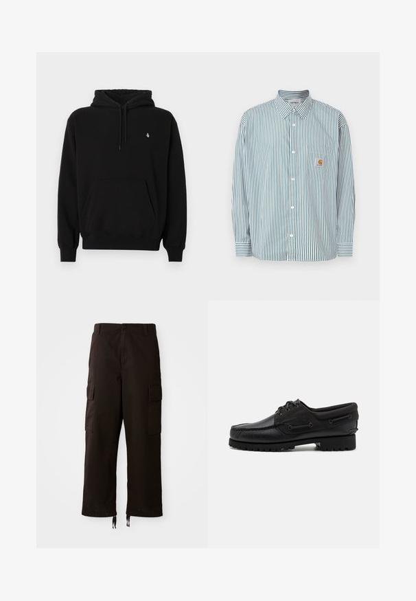 Sweat à capuche noir en tissu mélangé coton. Dispose d'une poche kangourou, d'une capuche avec cordon de serrage, de poignets côtelés et d'un petit logo sur la poitrine.; Chemise rayée vert et blanc, dotée d'un col boutonné, de manches longues, d'une poche avant et d'une petite étiquette logo.; Pantalons cargo noirs avec une coupe relaxée, dotés de deux poches latérales, d'une fermeture à bouton et de cordons de serrage réglables à l'ourlet.; Chaussure noire avec un dessus en cuir, des accents textiles, des lacets ronds et une semelle en caoutchouc texturé. Présente des coutures mocassins et des détails de marque.