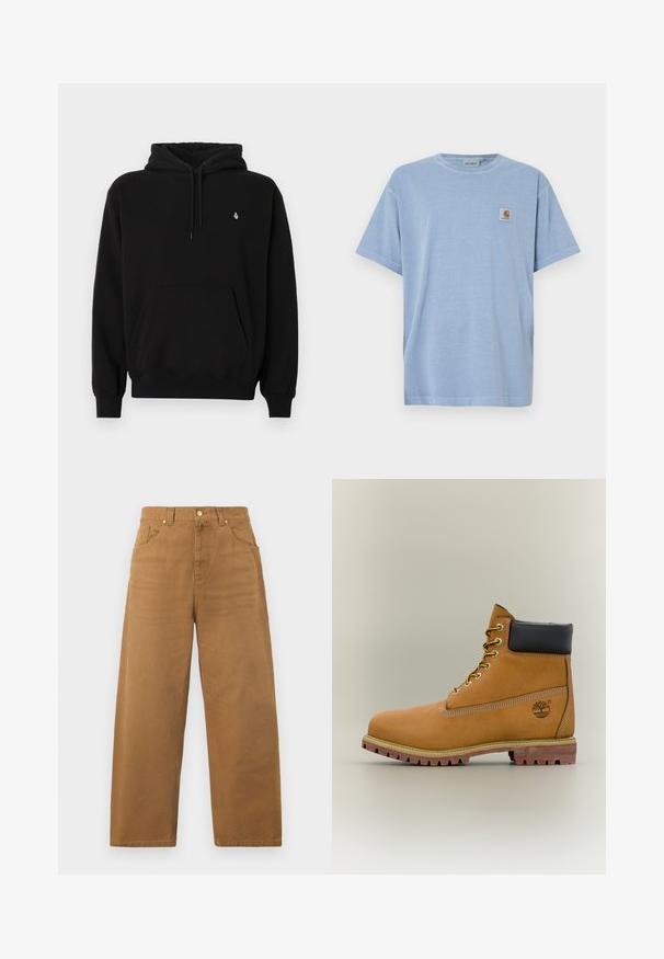 Sweat à capuche noir en tissu mélangé coton. Dispose d'une poche kangourou, d'une capuche avec cordon de serrage, de poignets côtelés et d'un petit logo sur la poitrine.; T-shirt en coton bleu clair à manches courtes, col rond, avec une petite étiquette logo carrée comportant une lettre « C » stylisée sur la poitrine.; Pantalon marron à jambes droites avec taille haute, passants de ceinture, fermeture par bouton, et poches avant et arrière, présenté sur un fond blanc uni.; Bottine en cuir marron avec col noir, lacets jaunes et semelle beige. Présente un logo et des détails de couture blanche. Semelle extérieure à traction robuste.