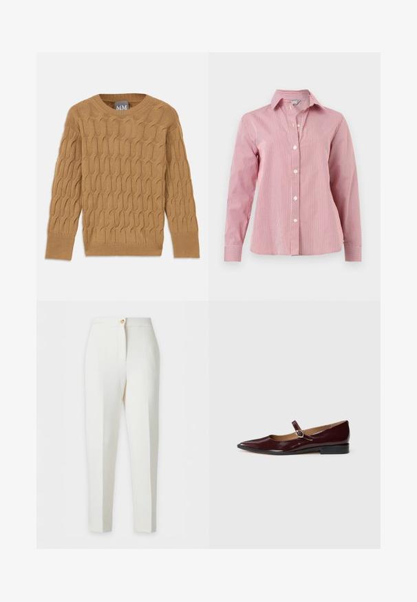 Brun strikket sweater med kabelmønster, rund halsudskæring og lange ærmer. Ribbenede manchetter og kant, lavet af et blødt, tekstureret stof.; Langærmet rød og hvid skjorte med lodrette striber, knapper, krave og manchetter, vist fladt på en hvid baggrund.; Hvide skræddersyede slim-fit bukser med høj talje, for- knaplukning og en fold ned langs midten af hvert ben.; Bordeaux patentlæder Mary Jane flade sko med spids tå, flad hæl og en dekorativ rem med en cirkulær spændeaccent.