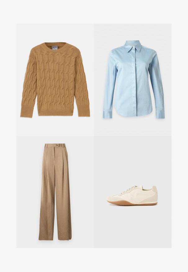 Pull en tricot marron avec un motif en torsade, col rond et manches longues. Poignets et ourlet côtelés, fabriqué dans un tissu doux et texturé.; Chemise bleu clair à manches longues, col pointu et boutons cachés sur le devant sur un fond uni.; Pantalon beige taille haute à jambes larges avec des rayures verticales marron, fermeture avant par boutons, passants de ceinture, et un détail plissé.; Baskets beige clair avec une tige en cuir texturé, des panneaux latéraux texturés et une semelle en caoutchouc. Dotées d'un design fin et épuré ainsi que de lacets plats.