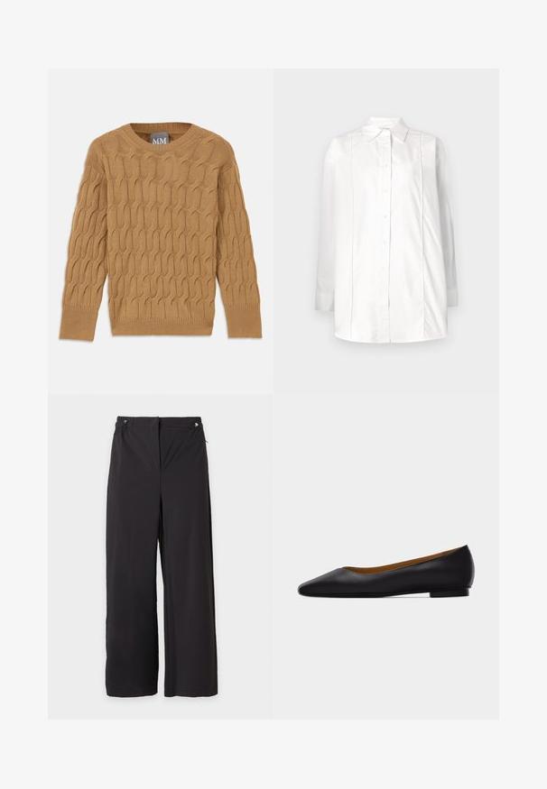 Brun strikket sweater med kabelmønster, rund halsudskæring og lange ærmer. Ribbenede manchetter og kant, lavet af et blødt, tekstureret stof.; Hvid langærmet skjorte lavet af bomuld med klassisk krave, knaplukning foran og lodrette pyntesyninger på kroppen.; Sorte vidde bukser med elastisk talje og lynlåslommer på hvid baggrund.; Sort læder flad sko med spids tå, lav hæl og glat finish, vist fra siden på en lysegrå baggrund.