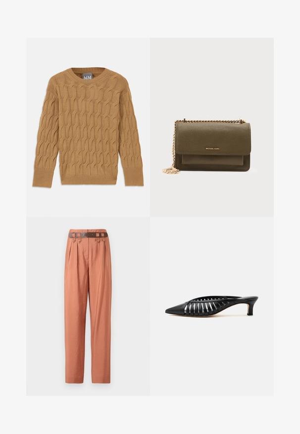 Suéter marrón de punto con un patrón de trenzas, cuello redondo y mangas largas. Puños y dobladillo con ribete, confeccionado en una tela suave y texturizada.; Pantalones de mezcla de algodón en un suave color melocotón, con una cintura alta, pliegues, trabillas y un cinturón marrón a juego con acentos metálicos.; Zapato mule de cuero negro con punta afilada, diseño de tiras con recortes y tacón bajo tipo kitten sobre fondo blanco.; Bolso bandolera de cuero texturizado en verde oliva con correa de cadena dorada y pequeño bolsillo frontal, con la marca Michael Kors en letras doradas.