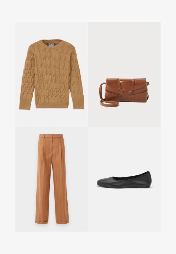 Suéter marrón de punto con un patrón de trenzas, cuello redondo y mangas largas. Puños y dobladillo con ribete, confeccionado en una tela suave y texturizada.; Pantalones marrones de rayas con un diseño a medida, que presentan pliegues, corte recto y dobladillo con vuelta. Fabricados en una tela suave.; Bailarina de piel negra con punta redondeada, textura suave, detalle de costura minimalista y diseño de suela flexible.; Bolso de mano de cuero marrón con un diseño elegante, que presenta una solapa estructurada, un cierre prominente y una correa ajustable para mayor versatilidad.