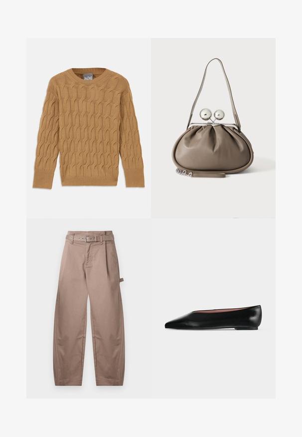 Pull en tricot marron avec un motif en torsade, col rond et manches longues. Poignets et ourlet côtelés, fabriqué dans un tissu doux et texturé.; Pantalon beige ample avec passants pour ceinture, ceinture en tissu assorti, poches avant et détail d'anneau latéral sur la jambe droite.; Chaussure plate en cuir noir pour femme, avec bout pointu et petit talon, vue de côté sur un fond gris clair uni.; Sac à main en cuir gris de forme arrondie, fermeture supérieure avec deux grandes sphères argentées, et une seule anse.