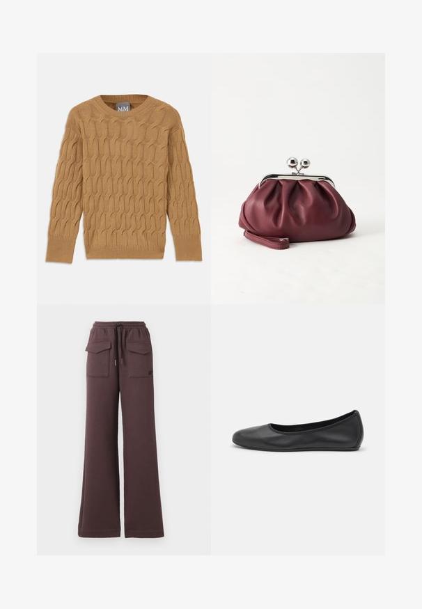Pull en tricot marron avec un motif en torsade, col rond et manches longues. Poignets et ourlet côtelés, fabriqué dans un tissu doux et texturé.; Pantalons ample en tissu marron foncé, dotés d'une taille élastique, d'un cordon de serrage et de deux poches avant avec des fermetures à rabat.; Ballerines en cuir noir avec un bout rond, texture lisse, détails de couture minimalistes et design de semelle flexible.; Petit sac pochette en cuir bordeaux avec fermoir métallique argenté et bracelet sur fond blanc.