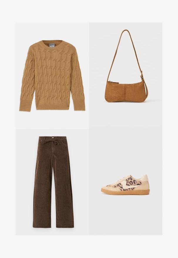 Pull en tricot marron avec un motif en torsade, col rond et manches longues. Poignets et ourlet côtelés, fabriqué dans un tissu doux et texturé.; Pantalons en velours côtelé marron à jambes larges avec un bouton à l'avant et une ceinture en tissu nouée à la taille, dotés de poches avant.; Baskets en imprimé léopard avec tige en suède beige, semelle en caoutchouc tan et accents blancs. Bout rond et design à lacets avec une finition texturée.; Sac à bandoulière en daim marron avec une forme incurvée, une bandoulière réglable, une fermeture éclair et une quincaillerie minimale. Texture lisse avec un design simple.