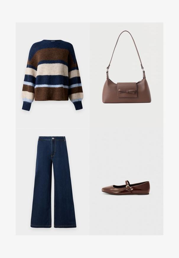Pull en tricot avec des rayures horizontales marron, crème, marine et bleu clair. Tissu doux et texturé avec un col rond et des manches ballon.; Jeans en denim à jambe large de couleur bleu foncé avec des coutures dorées, dotés d'une fermeture à bouton et à fermeture éclair à l'avant, et d'un design classique à cinq poches.; Ballerine en cuir verni marron avec un bout carré et une lanière ornée d'une petite boucle dorée. Texture lisse, talon bas et design minimaliste.; Sac à bandoulière en cuir marron avec une poche à rabat avant ornée d'un détail en forme de nœud cousu et une sangle réglable.
