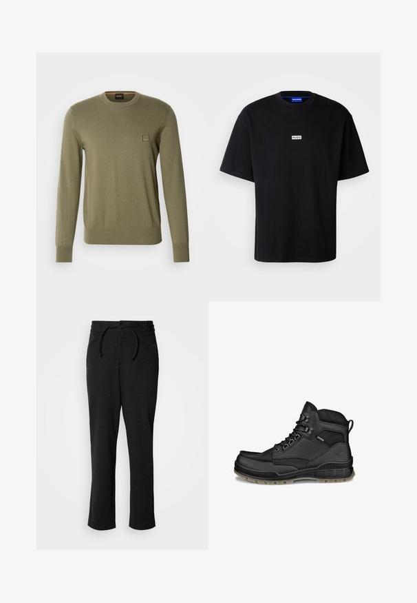 Olijfgroene trui met lange mouwen, ronde hals, geribde manchetten en zoom, met een subtiele logo patch op de borst in vierkante vorm.; Zwarte katoenen t-shirt met een ronde hals, korte mouwen en een witte rechthoekige "HUGO" logo op de borst. Gladde textuur, relaxte pasvorm.; Zwarte gebreide broek met een trekkoord in de taille, rechte pijpen en zijzakken. Zachte textuur met een gladde afwerking.; Zwarte leren hoge wandelschoen met gestructureerde zool, metalen oogjes en gevoerde enkelondersteuning, zijaanzicht op witte achtergrond.