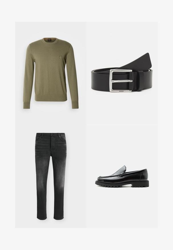Olijfgroene trui met lange mouwen, ronde hals, geribde manchetten en zoom, met een subtiele logo patch op de borst in vierkante vorm.; Zwarte skinny-fit jeans met vervaagde details, vijfzakkenstijl en knoopsluiting in de taille.; Zwarte leren loafer met dikke rubberen zool, gestikte bovenkant en gegraveerde merknaam op de hiel, zijaanzicht op witte achtergrond.; Zwarte leren riem met een rechthoekige zilveren gesp, met subtiele branding en een gladde textuur. De uiteinden lopen taps toe naar een afgeronde finish.