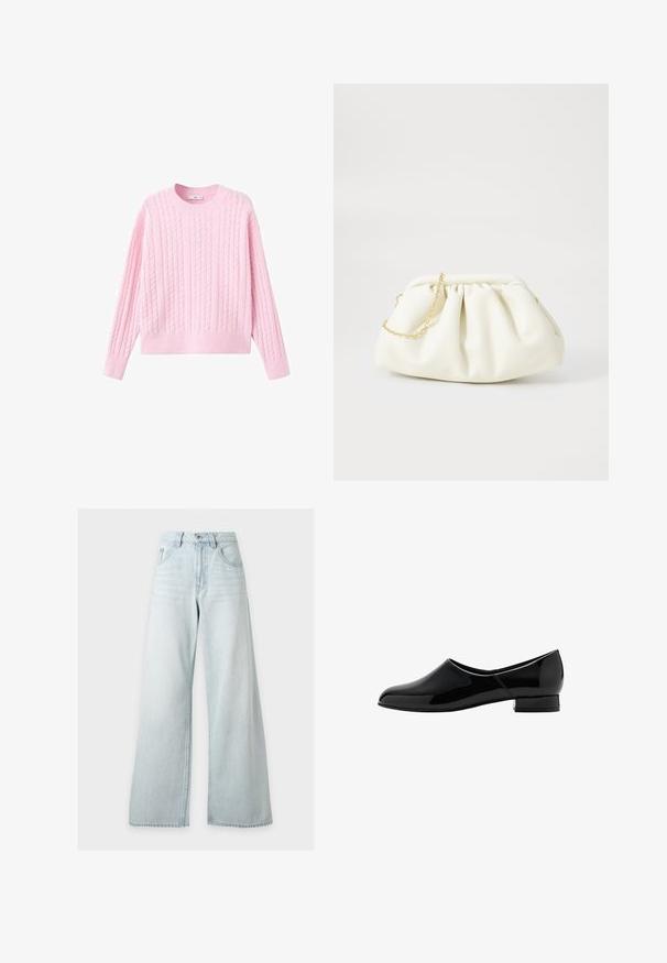 Pull en tricot rose avec un motif en torsades, des manches longues et un col rond. Le tissu est doux avec une finition légèrement texturée.; Jean bleu clair taille haute à jambes larges avec bouton et fermeture éclair devant, poches avant et passants de ceinture sur fond blanc.; Mocassin en cuir verni noir avec un bout arrondi et un petit talon carré. Surface lisse, design minimaliste, sans embellissements visibles.; Sac à main en cuir blanc avec un design plissé, doté d'une bandoulière en chaîne dorée et d'une forme arrondie. Texture lisse avec des plis doux et sans motifs.