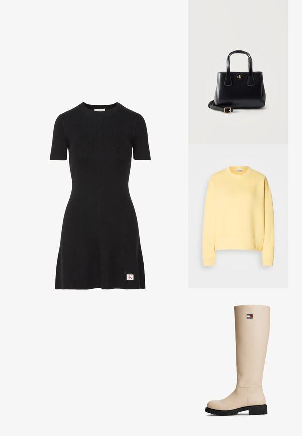 Gelbes Sweatshirt aus Baumwollmischung mit Rundhalsausschnitt, gerippten Bündchen und kleinem Logo auf der Brust. Glatte Textur und normale Passform.; Schwarzes, geripptes Strickkurzarmkleid mit Rundhalsausschnitt und kleinem Calvin Klein-Logopatch nahe dem Saum auf der linken Seite.; Beiger kniehoher Lederstiefel mit schwarzer Sohle und kleinem Tommy Jeans Logo nahe am oberen äußeren Rand.; Schwarze Lederhandtasche mit doppelten Griffen, goldenem "cK" Logo vorne und abnehmbarem Schulterriemen mit goldener Schnalle auf einfarbigem Hintergrund.