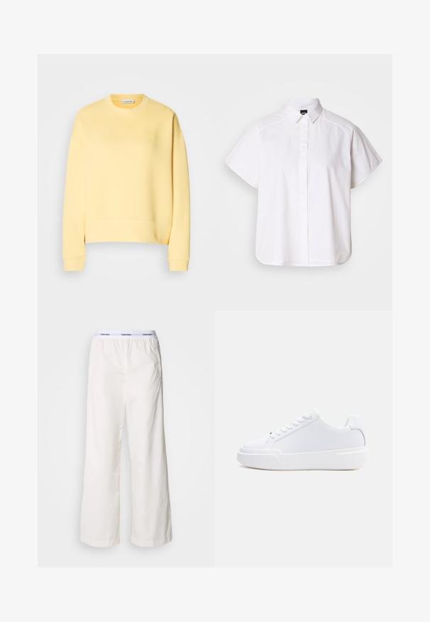 Geel sweatshirt gemaakt van katoenmix met een ronde hals, ribgebreide manchetten en een klein logo op de borst. Glad textuur en standaard pasvorm.; Witte kortemouw overhemd met knopen, voorzien van een puntige kraag en een gebogen zoom. Gemaakt van katoen met een gladde textuur en zonder zichtbare patronen.; Witte wijde broek met een elastische tailleband met een contrasterend Calvin Klein-logo. Gemaakt van gladde stof, bieden ze een ontspannen fit.; Witte lage sneaker met vetersluiting, dikke zool en glad bovenwerk, gezien vanaf de buitenkant tegen een effen lichte achtergrond.