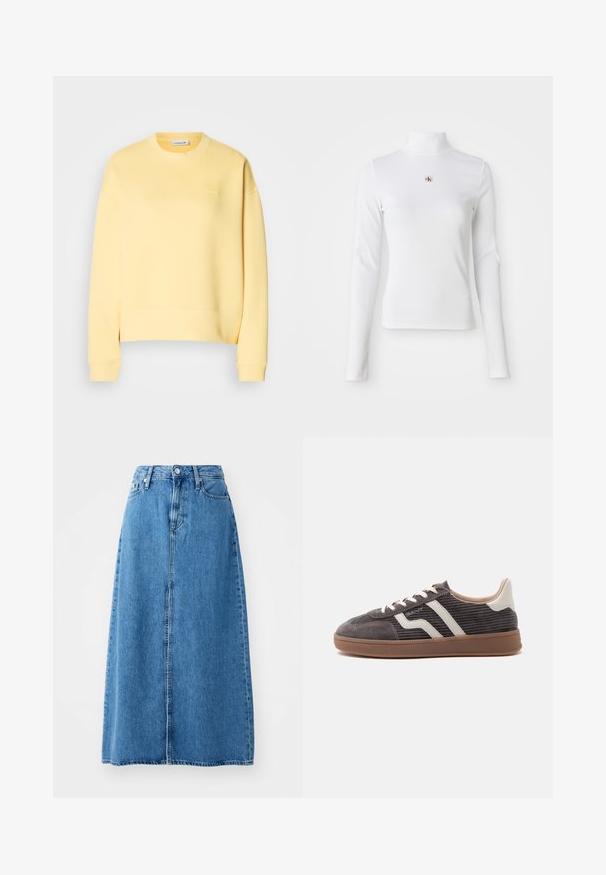 Geel sweatshirt gemaakt van katoenmix met een ronde hals, ribgebreide manchetten en een klein logo op de borst. Glad textuur en standaard pasvorm.; Witte turtleneck met lange mouwen, gemaakt van ribbelstof. Bevat een klein geborduurd logo in het midden. Aansluitend ontwerp zonder patronen.; Blauwe denim maxi rok met een sluiting met knopen aan de voorkant, twee zakken en een rechte vorm met een rauwe zoom. Klassiek en veelzijdig.; Enkele donkergrijze sneaker met witte leren accenten, getextureerde zijkanten, witte veters en een bruine rubberen zool, in profiel weergegeven tegen een effen achtergrond.