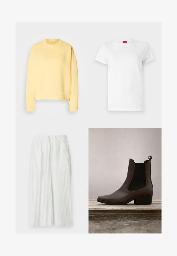 Gelbes Sweatshirt aus Baumwollmischung mit Rundhalsausschnitt, gerippten Bündchen und kleinem Logo auf der Brust. Glatte Textur und normale Passform.; Weißes Kurzarm-T-Shirt aus leichtem Baumwollstoff. Hat einen runden Halsausschnitt und umgeschlagene Ärmel. Rotes Logo-Tag am Kragen.; Weißer, plissierter Rock mit Kordelzug in der Taille, der vertikale Linien aufweist und eine weiche Textur hat, fällt knapp unter das Knie.; Braune Leder-Ankle Boots mit einem eleganten Design, elastischen Seitenpaneelen, spitzem Zeh und niedriger Absatz, vor einem grünen Hintergrund.