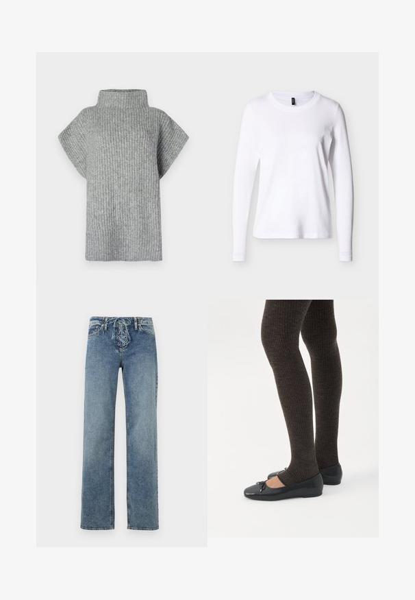 Grijze geribbelde gebreide top met een hoge kraag, korte mouwen en een losse pasvorm. Geweven stof met horizontale strepen.; Wit T-shirt met lange mouwen en ronde hals, weergegeven op een neutrale achtergrond, voorkant zichtbaar met een zwart kledinglabel in de nek.; Blauwe spijkerbroek met rechte pijpen en een vetergesp met metalen oogjes aan de voorkant, weergegeven tegen een witte achtergrond.; Benen met donkere geribbelde leggings gecombineerd met zwarte ballerina's met kleine strikdetails op een witte achtergrond.
