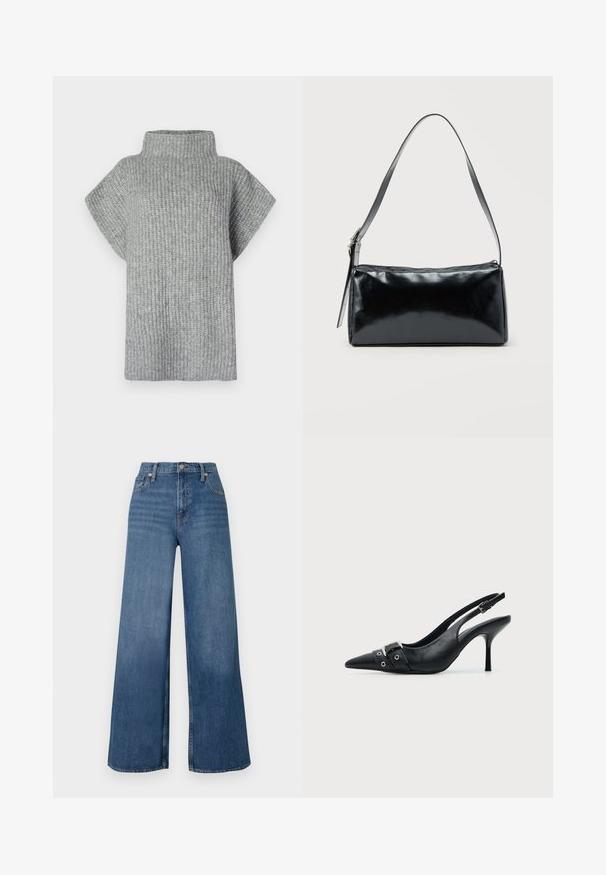 Grijze geribbelde gebreide top met een hoge kraag, korte mouwen en een losse pasvorm. Geweven stof met horizontale strepen.; Wijduitlopende blauwe jeans van denim, met een hoge taille, sluiting met knopen aan de voorkant en klassiek vijf-pocket ontwerp. Gladde textuur.; Zwarte leren pumps met hoge hak en slingback, met een puntige neus en een gesp- en oogjesriem detail aan de voorkant.; Zwarte rechthoekige schoudertas met een enkele verstelbare band en een bovenste ritssluiting op een effen achtergrond.