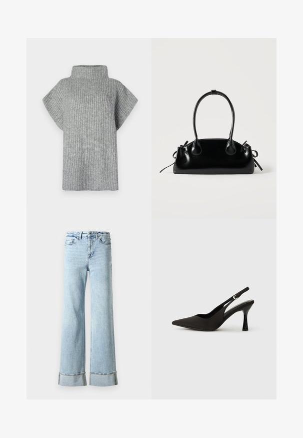 Haut en tricot gris à côtes avec un col haut, des manches courtes et une coupe décontractée. Tissu texturé avec des rayures horizontales.; Jeans en denim bleu clair avec des jambes larges, des ourlets effilochés et des détails décoratifs en rhinestones aux poignets. Design standard à cinq poches.; Chaussures à talons noires avec une bride, à bout pointu, finition mate lisse et talon fin brillant. Sangle ajustable avec petit détail de boucle.; Petit sac à main noir brillant avec deux longues anses et des détails à cordon sur les côtés sur un fond clair uni.