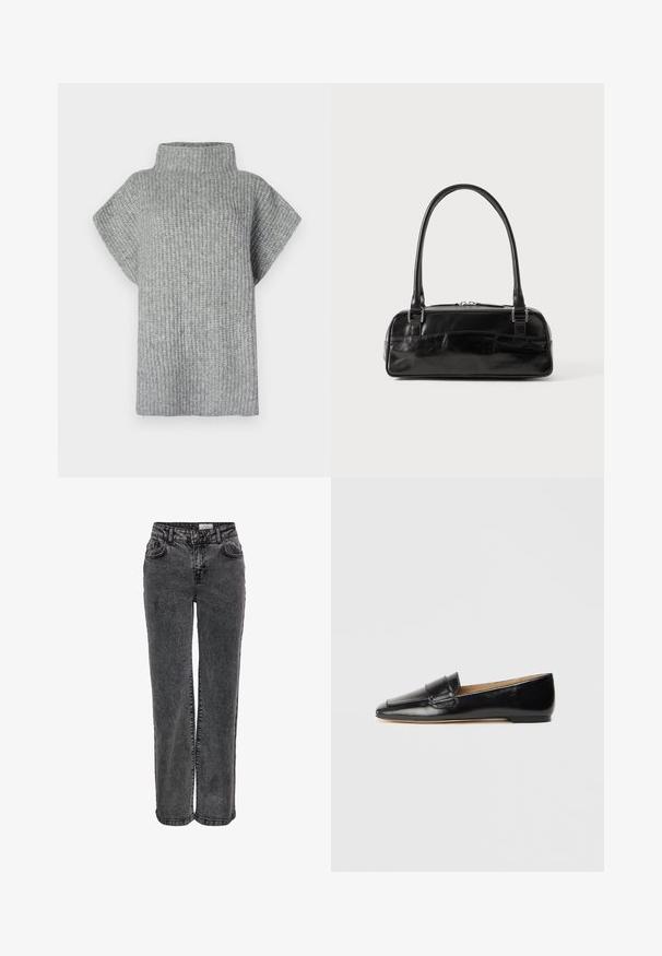 Haut en tricot gris à côtes avec un col haut, des manches courtes et une coupe décontractée. Tissu texturé avec des rayures horizontales.; Jeans en denim noir au design droit, avec poches avant, passants de ceinture et une texture légèrement délavée.; Mocassin noir en cuir avec une forme effilée, texture lisse et une sangle décorative à travers le dessus. Semelle plate sans matériel visible.; Sac à main en cuir noir de forme rectangulaire, doté d'une seule ansse structurée, de quincaillerie argentée et d'une fermeture éclair. Texture lisse.