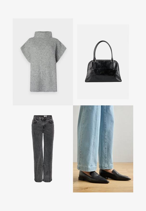 Gray ribbed knit top with a high collar, short sleeves, and a loose fit. Textured fabric with horizontal stripes.; Black denim jeans with a straight-leg design, featuring front pockets, belt loops, and a subtle faded texture.; Black leather shoes with a pointed toe and slip-on design, paired with light blue wide-legged jeans, on a wooden floor.; Black leather handbag with two rounded top handles and a slightly curved front pocket, displayed against a plain light background.