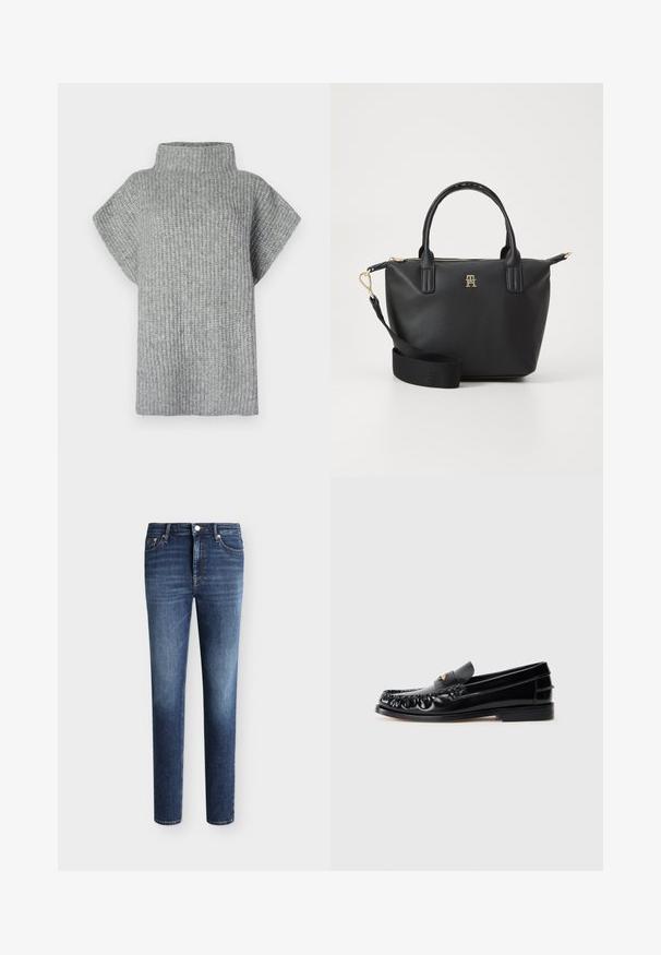 Gray ribbed knit top with a high collar, short sleeves, and a loose fit. Textured fabric with horizontal stripes.; Dark blue slim-fit jeans with slight fading on thighs, front button closure, and five-pocket design against a plain light background.; Black leather loafers with a rounded toe, decorative stitching, and a small gold accent on the vamp. Flat rubber sole, sleek design.; Black handbag made of synthetic leather, featuring two top handles and a detachable strap. Gold-tone logo detail and zipper closure.