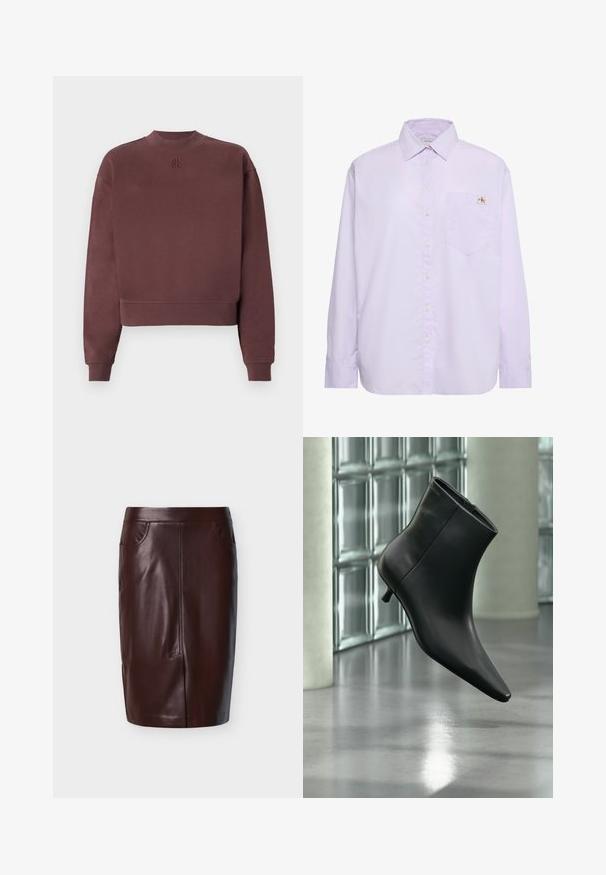 Bordeaux sweatshirt med høj hals og cropped design. Lavet af blødt stof, med ribbede manchetter og et præget logo på brystet.; Lys lilla langærmet skjorte med knapper, venstre brystlomme og lille Calvin Klein-logo over lommen.; Brun læderblyantskørt med glat tekstur, med to sidelommer og syninger foran, designet til en tætsiddende pasform.; Sort læderankelstøvle med spids tå og lav kitten-hæ, vist vinklet mod en poleret gulv- og glasblokvæg.