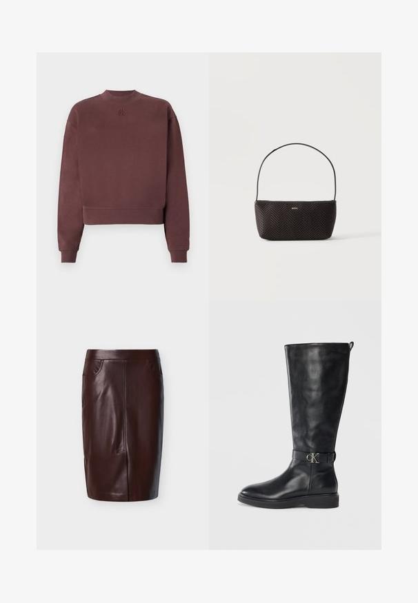 Bordeaux-rote Sweatshirt mit hohem Kragen und cropped Design. Hergestellt aus weichem Stoff, mit gerippten Bündchen und einem geprägten Logo auf der Brust.; Brauner Leder-Bleistiftrock mit glatter Textur, zwei seitlichen Taschen und vorderer Nahtdetailierung, entworfen für eine schlanke Passform.; Schwarze Lederkniehohe Stiefel mit niedrigem Absatz, runder Spitze und metallischem "CK"-Logo-Riemen um den Knöchel.; Schwarze gewebte strukturierte Handtasche mit einem einzelnen Schulterriemen und kleinem goldfarbenem "BOSS"-Logo vorne mittig.