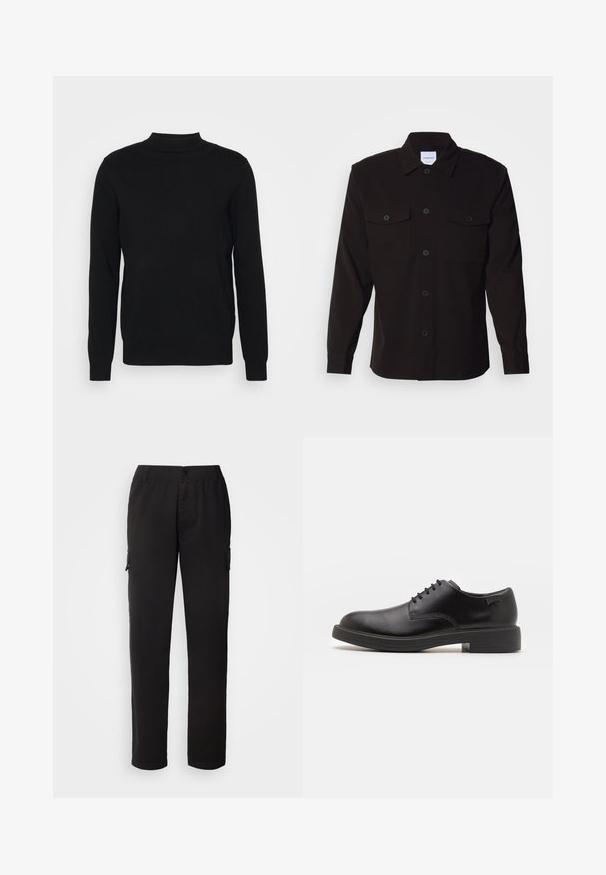 Suéter negro de punto suave con cuello alto y mangas largas. Diseño sencillo, sin patrones ni adornos.; Camisa negra de manga larga con un frente abotonado, dos bolsillos en el pecho y un cuello estructurado. Fabricada con una tela sólida de textura suave.; Pantalones cargo negros hechos de tela duradera; cuentan con una cinturilla elástica, bolsillos frontales y laterales, y un diseño de pierna recta.; Zapato negro de cuero con cordones, punta redondeada, textura suave, costuras mínimas y tacón bajo de goma. Logo en el tacón.