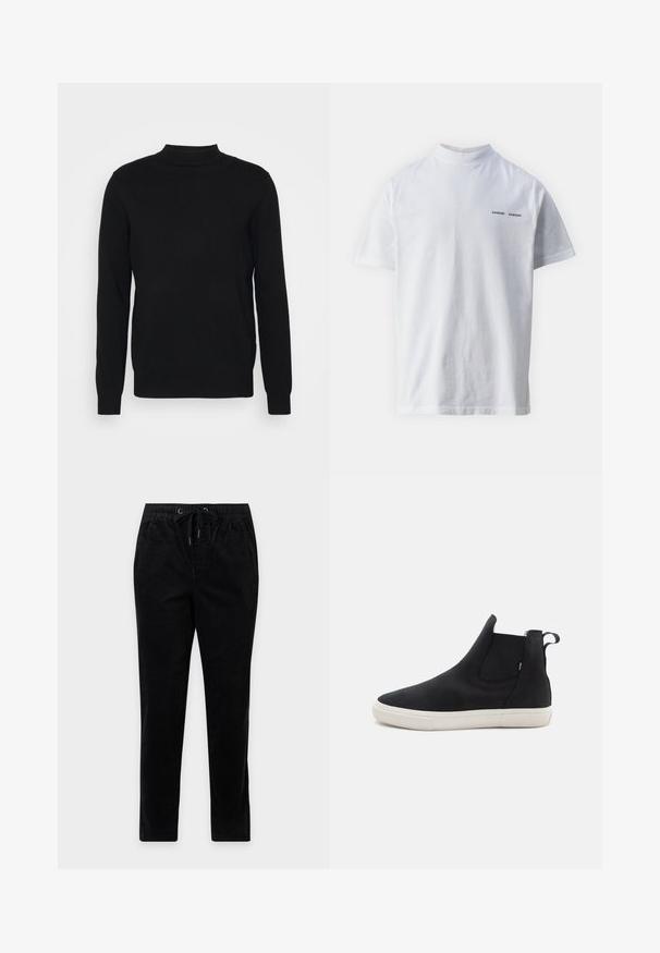 Suéter negro de punto suave con cuello alto y mangas largas. Diseño sencillo, sin patrones ni adornos.; Camisa de algodón blanca con un cuello alto y mangas cortas. Presenta el logo "SAMSØE SAMSØE" en negro en la parte delantera. Textura suave.; Pantalones de pana negros de pierna recta, cintura elástica, cordón ajustable y bolsillos laterales, mostrados sobre un fondo liso.; Botines negros hasta el tobillo hechos de material liso con paneles laterales elásticos, diseño minimalista y suela de goma blanca. Cuenta con una lengüeta en la parte trasera.