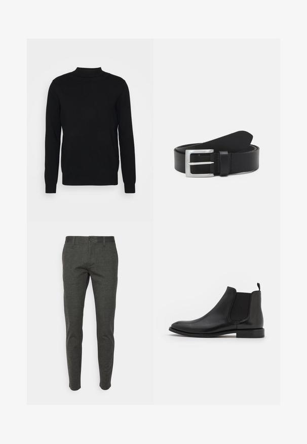 Suéter negro de punto suave con cuello alto y mangas largas. Diseño sencillo, sin patrones ni adornos.; Pantalones de corte entallado de color gris oscuro, confeccionados con una tela texturizada, que cuentan con cremallera, cierre de botón y bolsillos laterales. Diseño ajustado.; Botín Chelsea negro de piel con paneles elásticos en los costados, puntera redondeada y tacón bajo. Textura suave con un diseño minimalista.; Cinturón de cuero negro con una textura lisa, hebilla rectangular de plata y un lazo para el extremo. Presenta una costura ordenada a lo largo de los bordes.