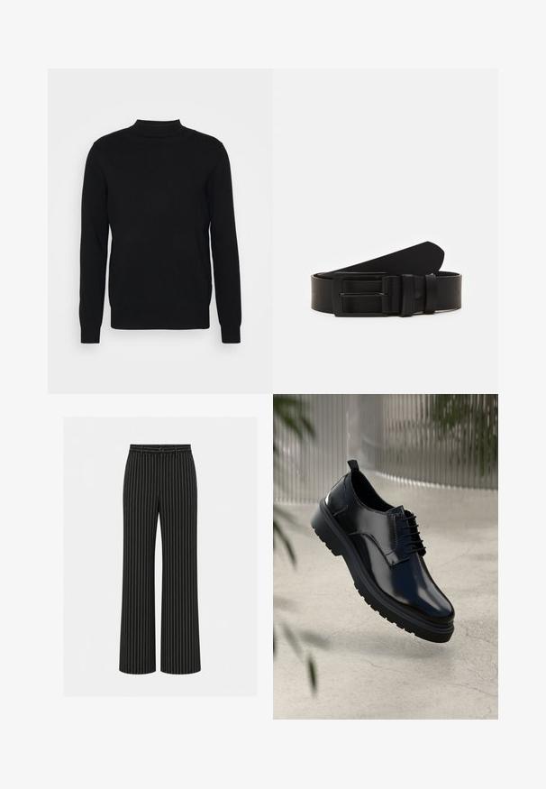 Suéter negro de punto suave con cuello alto y mangas largas. Diseño sencillo, sin patrones ni adornos.; Pantalones negros de pierna ancha con rayas verticales blancas, botón y trabillas para cinturón en la cintura.; Zapato de cuero negro con un acabado brillante, puntera redonda, diseño de cordones, costuras de contraste y una suela de goma gruesa con patrones de tracción.; Cinturón de cuero negro enrollado con una hebilla metálica rectangular negra mate y dos trabillas sobre un fondo blanco.