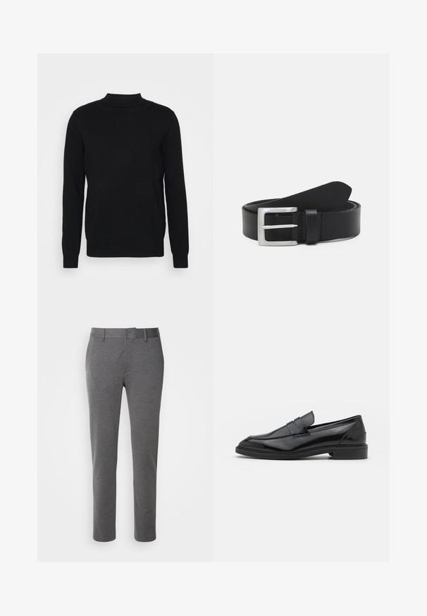 Suéter negro de punto suave con cuello alto y mangas largas. Diseño sencillo, sin patrones ni adornos.; Pantalones grises a medida hechos de una tela suave, con una textura lisa, bolsillos delanteros y cierre de un solo botón en la cintura.; Mocasines de cuero negro con un acabado suave, que presentan una punta redondeada y una banda estrecha en la parte superior. Tacón bajo apilado.; Cinturón de cuero negro con una textura lisa, hebilla rectangular de plata y un lazo para el extremo. Presenta una costura ordenada a lo largo de los bordes.