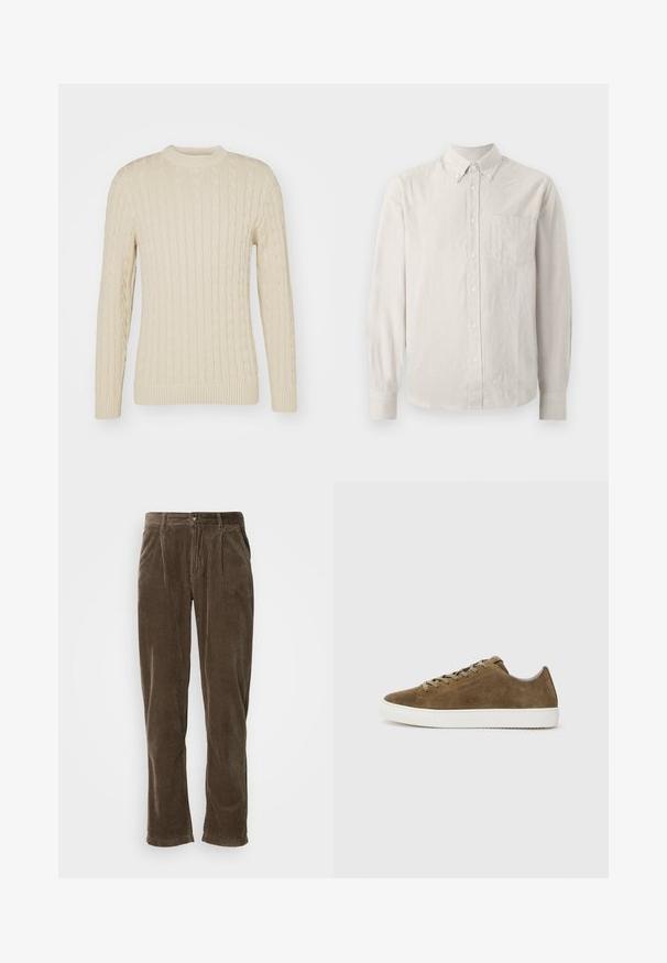 Kabelstrikket sweater i lys creme. Har rund halsudskæring, lange ærmer, ribbede manchetter og kant, samt et struktureret overflademønster.; Button-up skjorte i lys beige med tynde lodrette striber, lange ærmer, krave og en enkelt brystlomme. Blødt stof med en glat tekstur.; Brune fløjlsbukser med lige ben, der har lodrette ribber, en knaplukning og to forsigtige folder for ekstra detalje.; Brune ruskind sneakers med rund tå, hvid gummisål og snørebånd. Har diskrete syninger og et lavprofil-design.