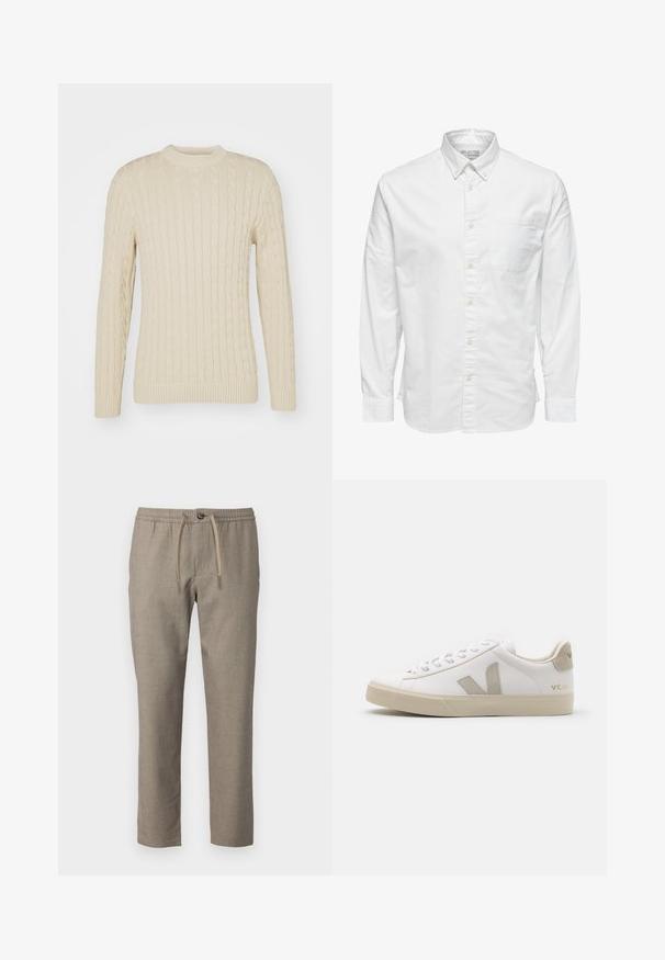 Suéter de punto de cable en color crema claro. Presenta cuello redondo, mangas largas, puños y dobladillo acanalados, con un patrón de superficie texturizado.; Camisa blanca de manga larga con botones, cuello y bolsillo en el pecho, con la etiqueta "Selected Homme" en el interior del cuello.; Pantalones beige con una cinturilla elástica, cierre de cordón y corte recto. El material tiene una textura sutil.; Zapatillas blancas de cuero con acentos en beige, suela plana de goma, puntera redonda y logotipo contrastante en el lado y la parte trasera. Diseño con cordones.