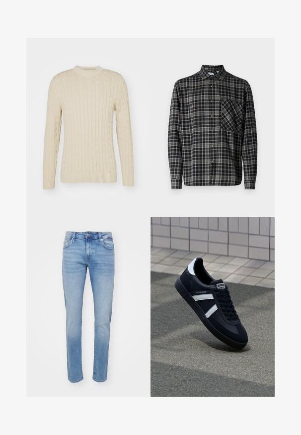 Kabelgebreide trui in lichtcreme. Heeft een ronde hals, lange mouwen, geribbelde boorden en zoom, met een gestructureerd oppervlakpatroon.; Only & Sons Lumberjack ONSARCHER Lumberjack - Overhemd - black; Lichtblauwe denim jeans met een rechte pijpdesign, subtiele vervaging, vijf zakken en een knoopsluiting in de taille.; Zwarte leren sneaker met witte strepen, een gestructureerde rubberen zool en vetersluiting aan de voorkant. Voorzien van een merklabel op de tong.