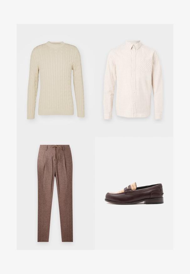 Kabelstrikket sweater i lys creme. Har rund halsudskæring, lange ærmer, ribbede manchetter og kant, samt et struktureret overflademønster.; Herre langærmet skjorte med beige og hvidternet mønster, med spids krave og en brystlomme.; Brune, strukturerede bukser med et hørmønster, der har en snøre i taljen og to frontfolder. Lige ben-design.; Mørkebrun læderloafer med vævet beige stofdetalje på tværs af toppen, lav hæl og afrundet tå, vist i sideprofil.