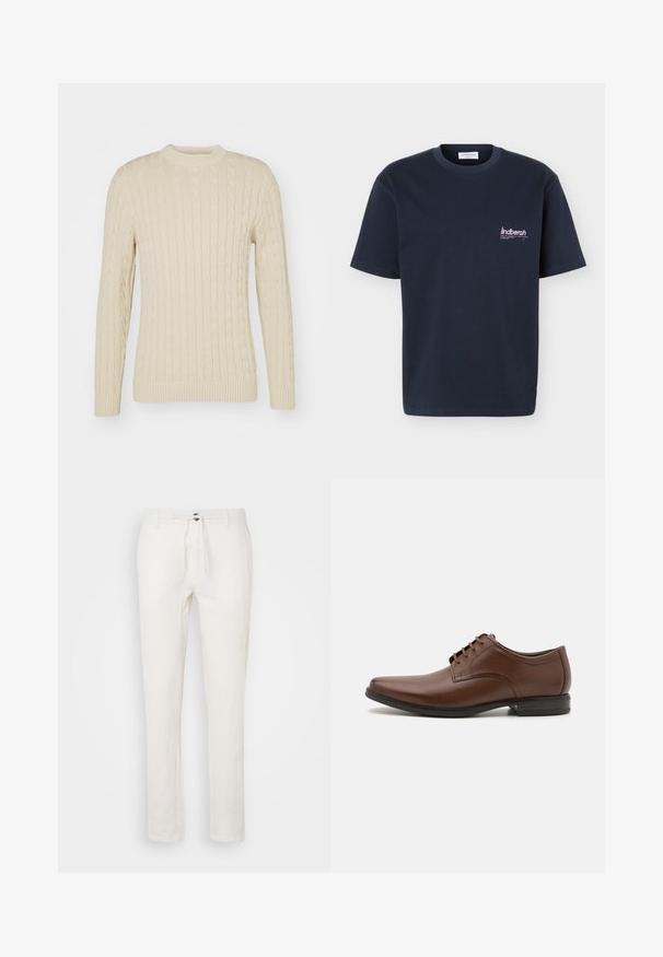 Kabelstrikket sweater i lys creme. Har rund halsudskæring, lange ærmer, ribbede manchetter og kant, samt et struktureret overflademønster.; Marineblå kortærmet t-shirt med rund halsudskæring og lille hvidt og lyserødt "lindbergh"-logo på venstre bryst.; Hvide linnedbukser med snoretræk i taljen, lige ben-Design og diskret tekstur. Ingen synlige lommer eller mønstre.; Brune lædersko med en glat finish, spids tå, snørelukning og en lav sort hæl. Har subtile syningsdetaljer.