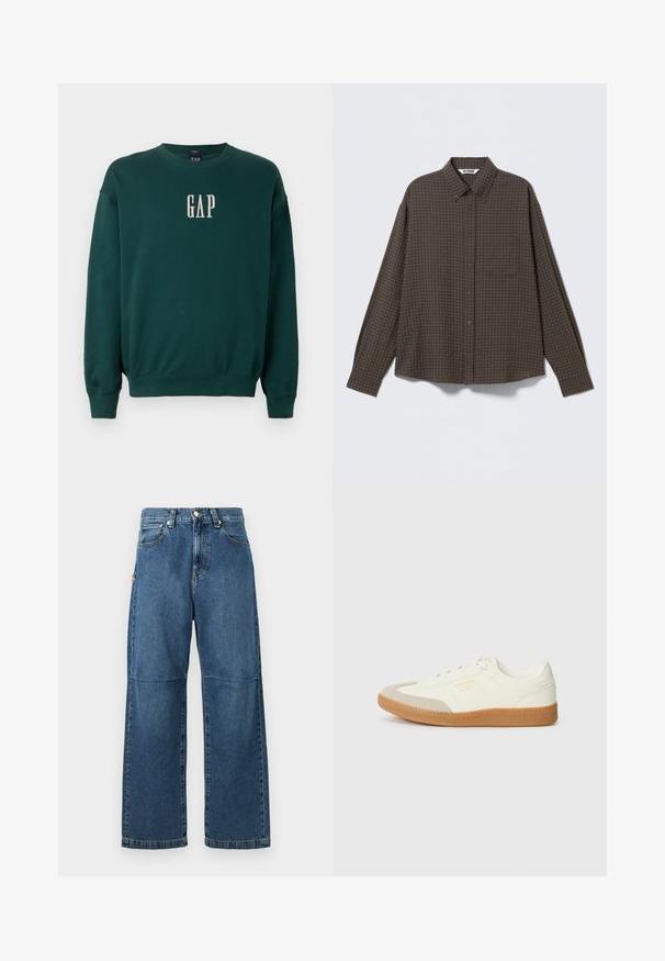 Groene sweatshirt met lange mouwen, voorzien van geribbelde manchetten en tailleband, met een witte geborduurde "GAP"-logo op de borst. Zachte stofstructuur.; Bruin geruit overhemd met knopen en lange mouwen, voorzien van een borstzak en een losse pasvorm. Gemaakt van een zachte, textuurrijke stof.; Blauwe denim jeans met een relaxte pasvorm, rechte pijpen, zichtbare stiksels en een sluiting met een voorste knop. Heeft een zijzak met een accent.; Schoen gemaakt van wit leer met een beige teenkap en een lichtbruine rubberen zool. Voorzien van platte witte veters en reliëfbranding aan de zijkant.