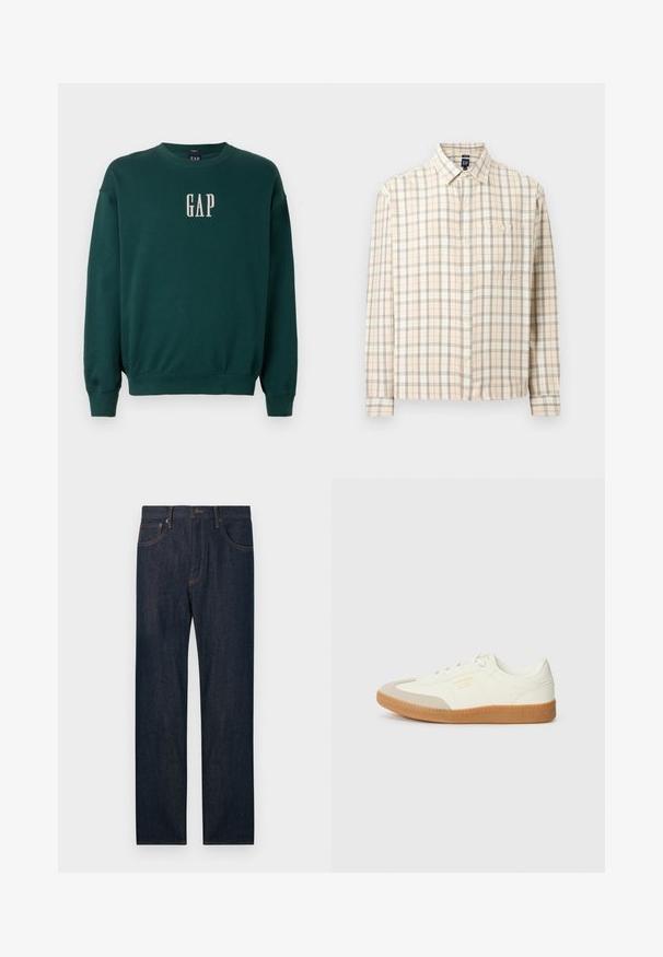Groene sweatshirt met lange mouwen, voorzien van geribbelde manchetten en tailleband, met een witte geborduurde "GAP"-logo op de borst. Zachte stofstructuur.; Beige geruite blouse met lange mouwen, knoopsluiting aan de voorkant, een borstzak en een klassieke kraag, weergegeven tegen een effen achtergrond.; Donkerblauwe rechtgesneden spijkerbroek met voor- en achterzakken, een knoop en riemlussen.; Schoen gemaakt van wit leer met een beige teenkap en een lichtbruine rubberen zool. Voorzien van platte witte veters en reliëfbranding aan de zijkant.