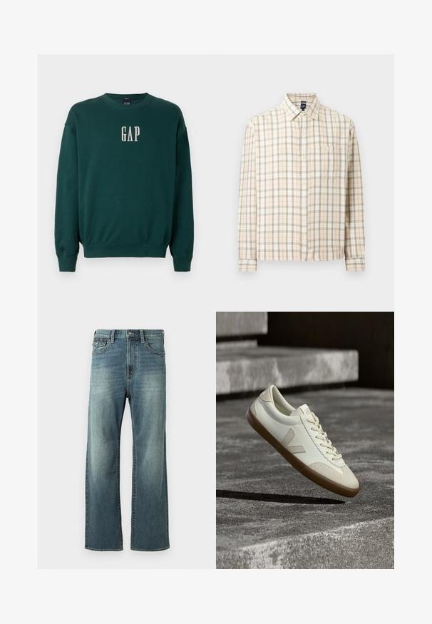 Groene sweatshirt met lange mouwen, voorzien van geribbelde manchetten en tailleband, met een witte geborduurde "GAP"-logo op de borst. Zachte stofstructuur.; Beige geruite blouse met lange mouwen, knoopsluiting aan de voorkant, een borstzak en een klassieke kraag, weergegeven tegen een effen achtergrond.; Lichtblauwe denim jeans met een rechte pijp, lichte vervaging, vijf zakken en riemlussen. Kenmerkt zich door stiksels en een knoopsluiting.; Witte leren sneakers met een bruine rubberen zool, platte veters en een V-vormig accent aan de zijkant. Ze hebben een glad oppervlak en minimale stikdetails.