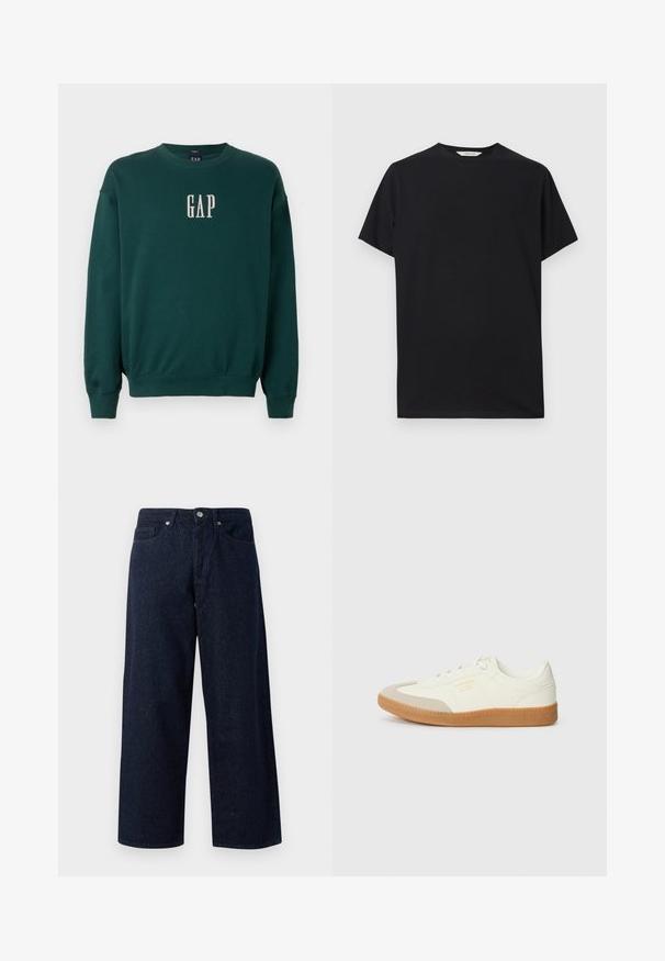 Grøn langærmet sweatshirt med ribbede manchetter og talje, med hvidt broderet "GAP" logo på brystet. Blødt stof.; Sort kortærmet t-shirt lavet af blødt bomuldsstof. Rund halsudskæring med en afslappet pasform, der har rene, enkle linjer og ingen synlige mønstre.; Mørkeblå denim brede jeans med knaplukning, forlommer og subtil tekstur, med lige kanter og en afslappet pasform.; Sneaker lavet af hvid læder med en beige tåhætte og let brunt gummisål. Har flade hvide snørebånd og prægede branding på siden.