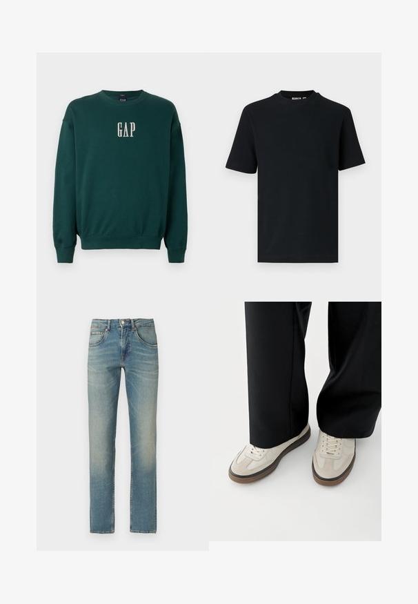 Grüner Langarm-Sweatshirt mit gerippten Bündchen und Saum, mit weißem, gesticktem "GAP"-Logo auf der Brust. Weicher Stoff.; Schwarzes, kurzärmeliges, geripptes Strick-T-Shirt mit Rundhalsausschnitt und einem kleinen, sichtbaren Etikett im Krageninnenteil.; Blaue Jeans mit gerade geschnittenen Beinen, verwaschenem Look, fünf Taschen und Knopfverschluss auf weißem Hintergrund.; Füße mit beigen Sneakers mit braunen Sohlen und schwarzen Hosen mit weitem Bein auf weißem Hintergrund.