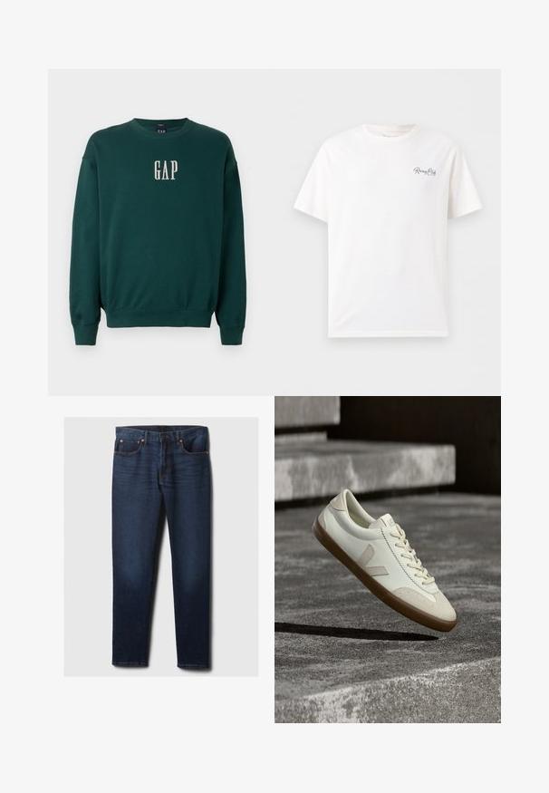 Groene sweatshirt met lange mouwen, voorzien van geribbelde manchetten en tailleband, met een witte geborduurde "GAP"-logo op de borst. Zachte stofstructuur.; Wit T-shirt met korte mouwen en ronde hals met kleine zwarte cursieve tekst "Racing Club Est. 1973" op de linkerborst.; Donkerblauwe slim-fit denim jeans met lichte vervaging op de voorkant van de bovenbenen, koperen klinknagels en klassieke vijf-pocket styling, plat gelegd op een witte achtergrond.; Witte leren sneakers met een bruine rubberen zool, platte veters en een V-vormig accent aan de zijkant. Ze hebben een glad oppervlak en minimale stikdetails.