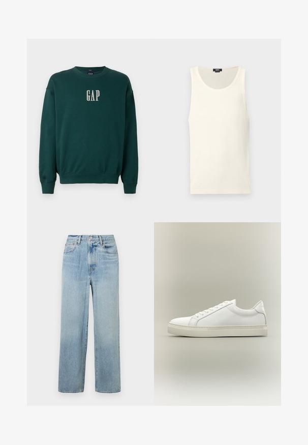 Grøn langærmet sweatshirt med ribbede manchetter og talje, med hvidt broderet "GAP" logo på brystet. Blødt stof.; Hvid bomulds tanktop med ribbet tekstur, rund halsudskæring og uden ærmer. Har en lille logomærke nederst til venstre.; Lys blå, lige ben denim jeans med høj talje, der har fem lommer og subtil fading. Rå kant og kontrasterende syninger.; Hvid lavtop sneaker med snørebånd foran og tyk sål, vist fra siden mod en neutral baggrund.