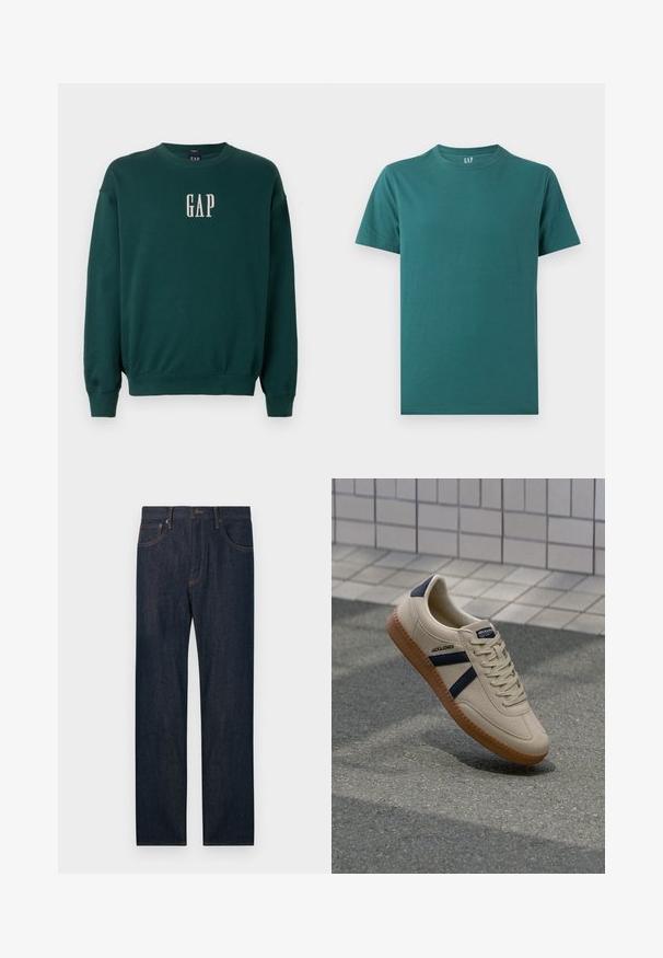 Grøn langærmet sweatshirt med ribbede manchetter og talje, med hvidt broderet "GAP" logo på brystet. Blødt stof.; Ensfarvet teal t-shirt med korte ærmer og rund hals, lagt fladt ud med synligt GAP-mærke inde i halsudskæringen.; Mørkeblå denimjeans med lige ben, for- og baglommer, en knap og bæltestropper.; Beige sneaker med struktureret overflade, marineblå striber og gummisål. Har en polstret tunge og traditionelt snørresystem for en sikker pasform.